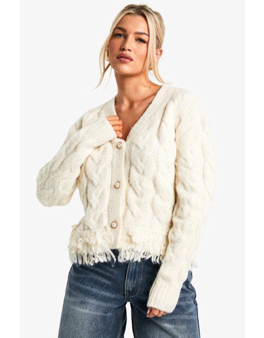 Premium Cable Knit Fringe Cardigan - cream - 3