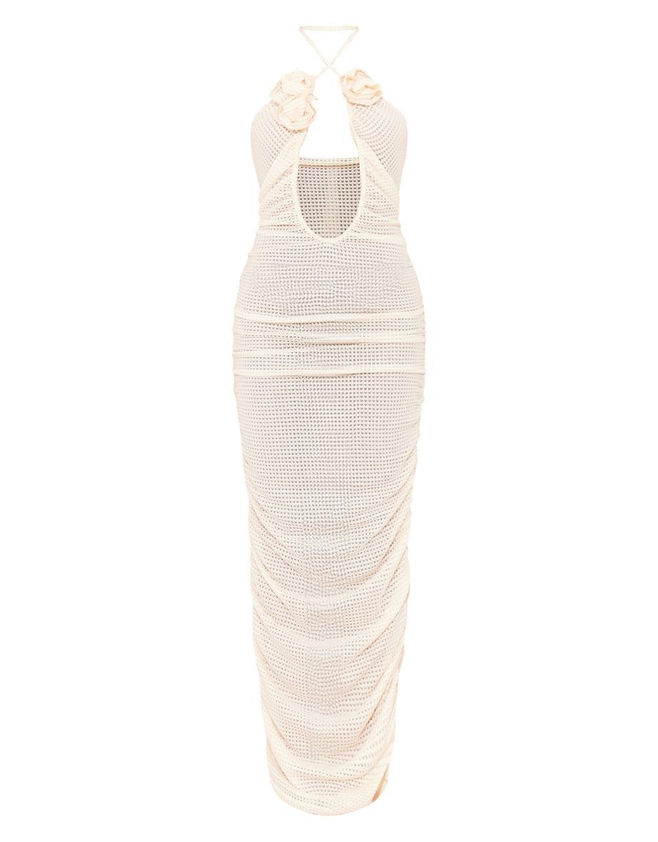 Cream Waffle Cross Halterneck Rose Detail Maxi Dress - 4