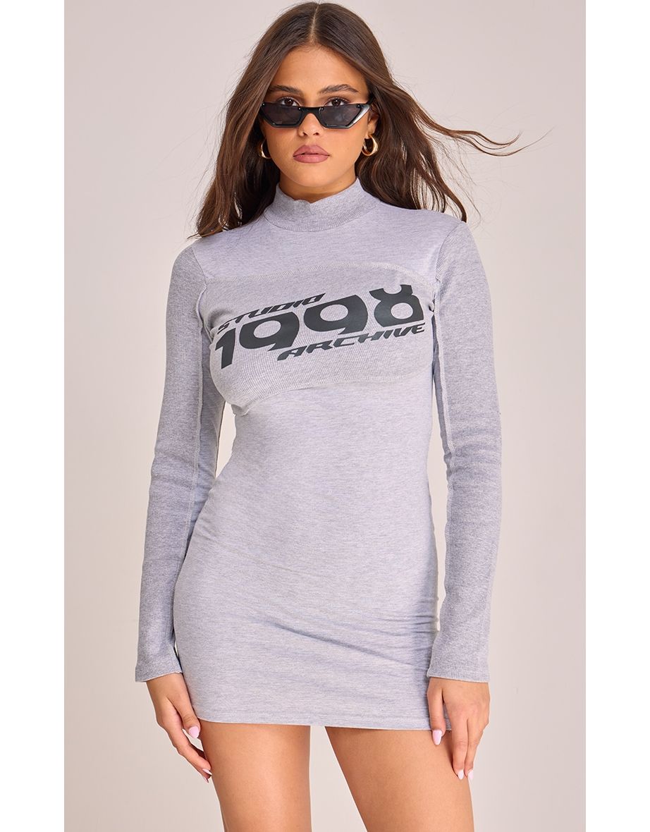 Grey Studio Slogan Long Sleeve High Neck Bodycon Dress