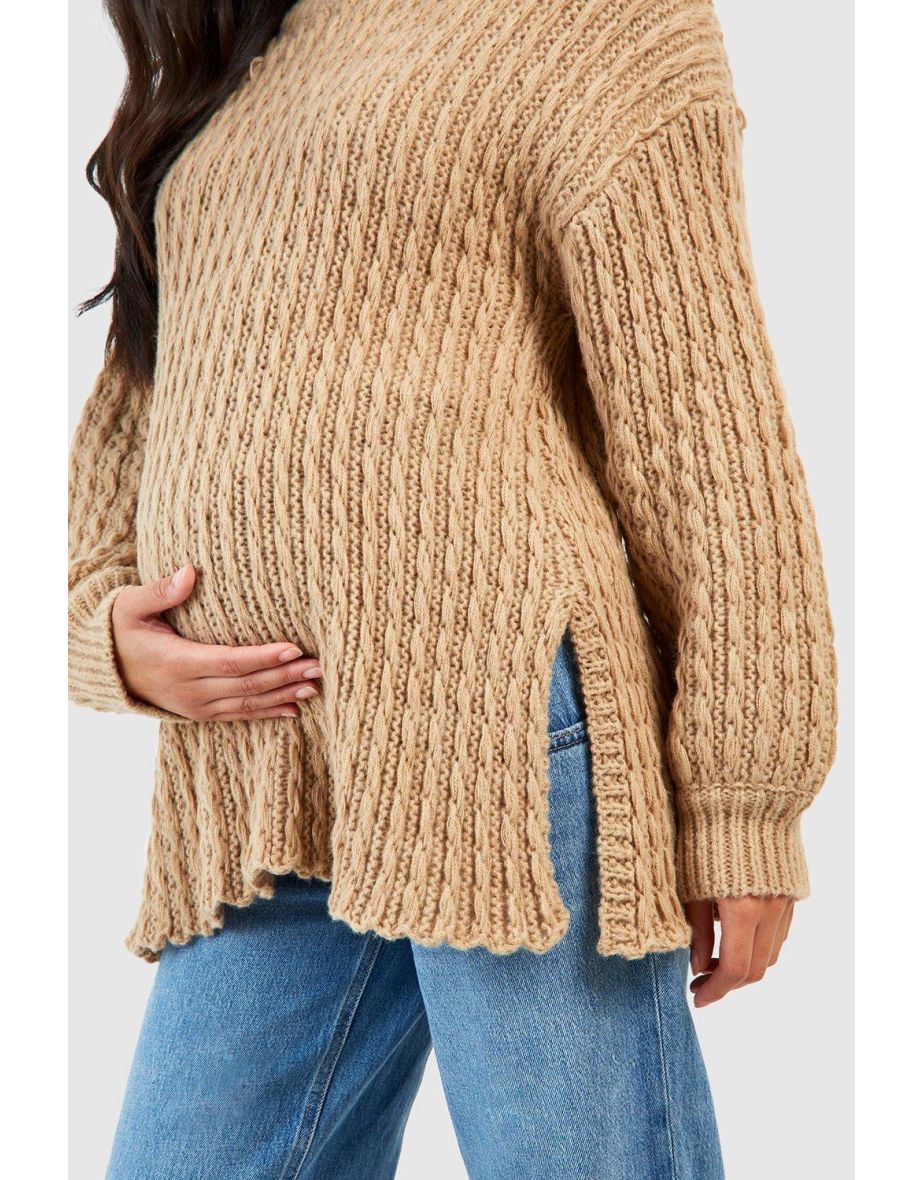 Maternity Cable Knit Side Split Jumper - stone - 3