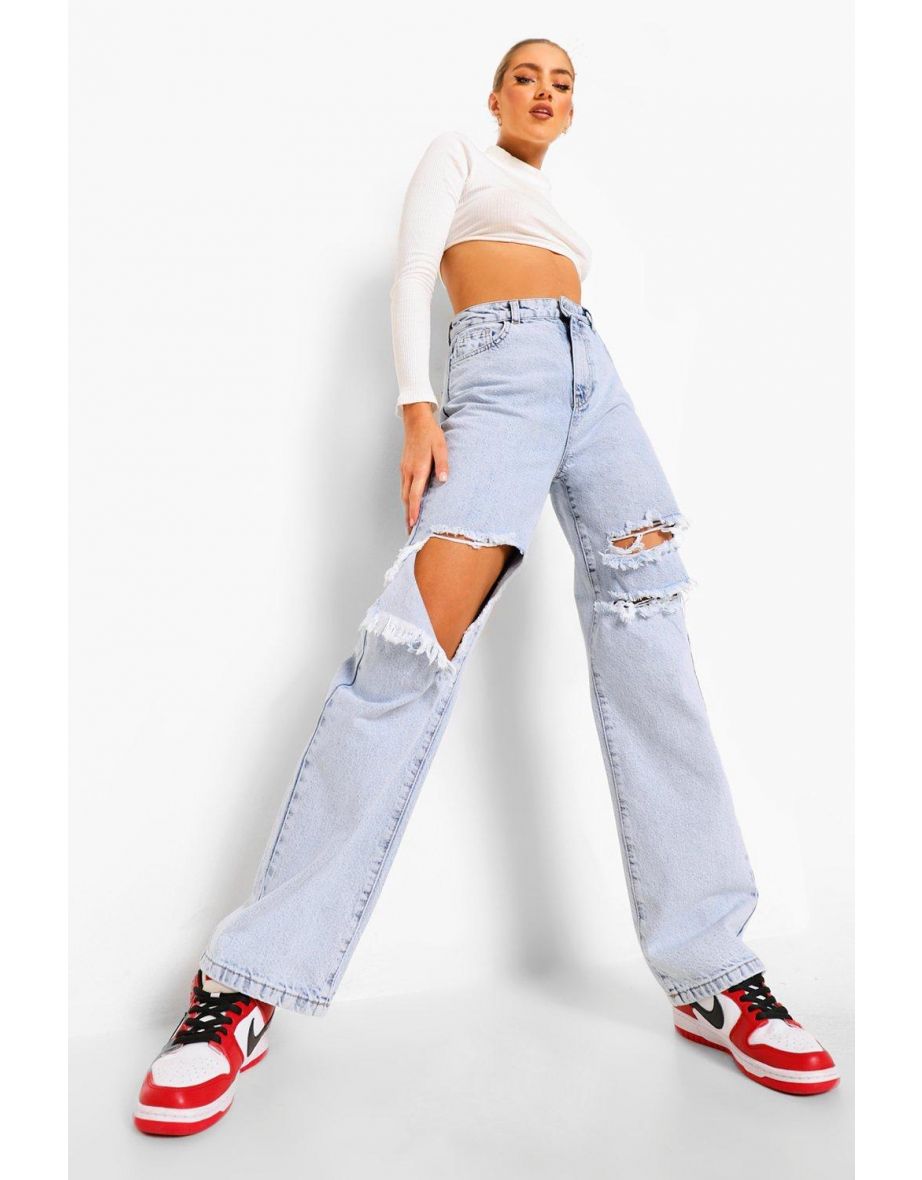 Boyfriend Jeans With Busted Knees - bleach wash