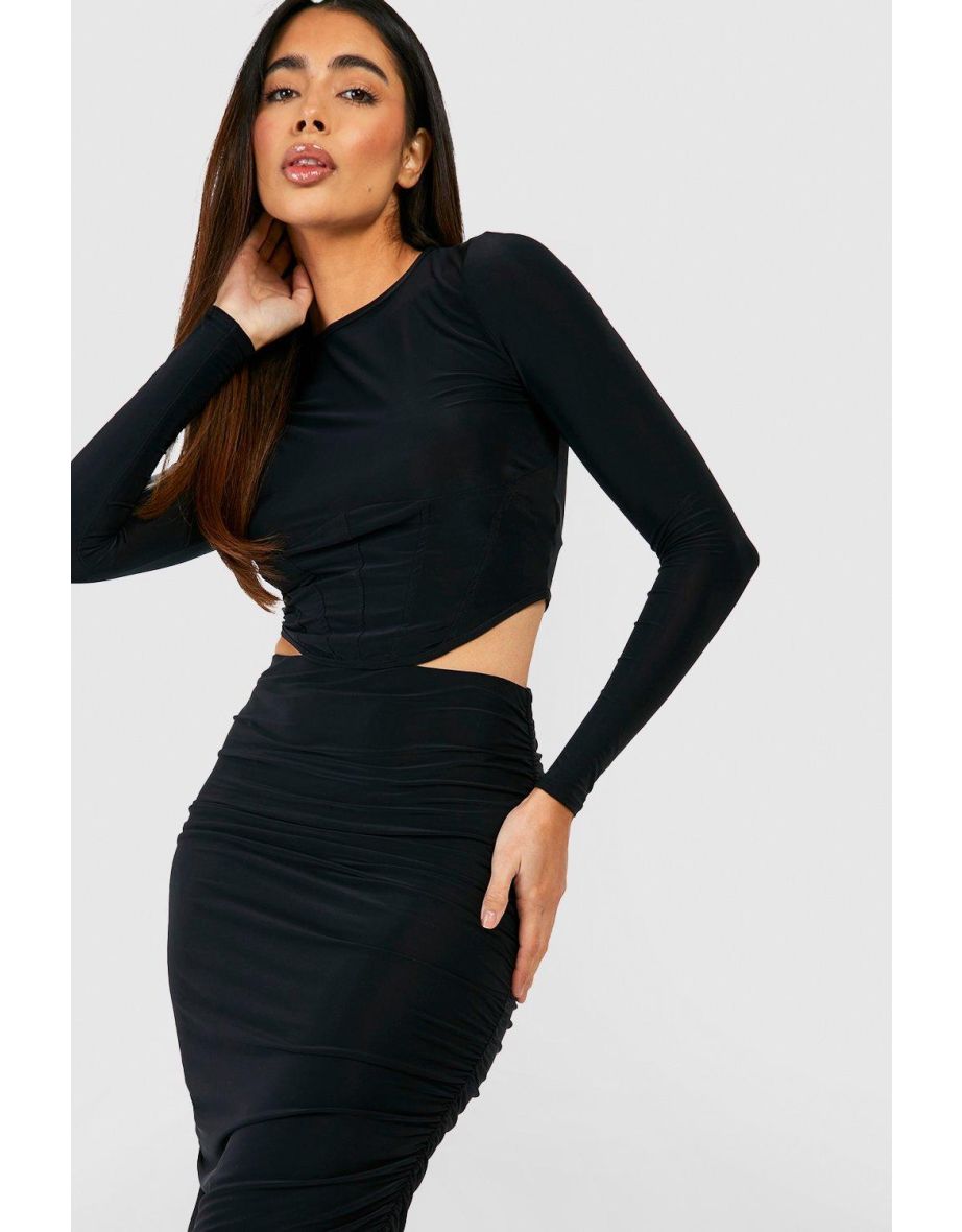 Long Sleeve Corset Crop & Ruched Midi Skirt - black - 3