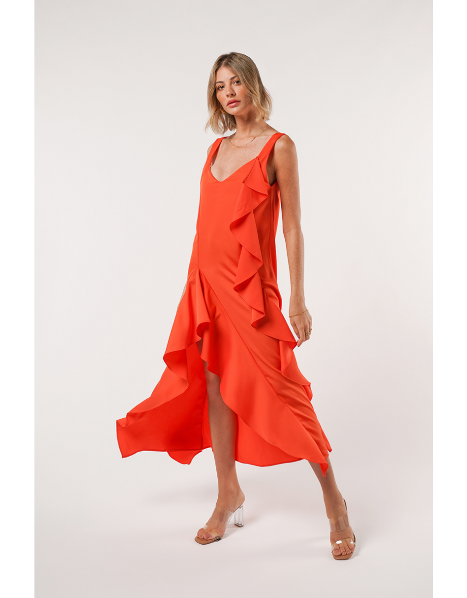 Orange Side Split Midi Dress