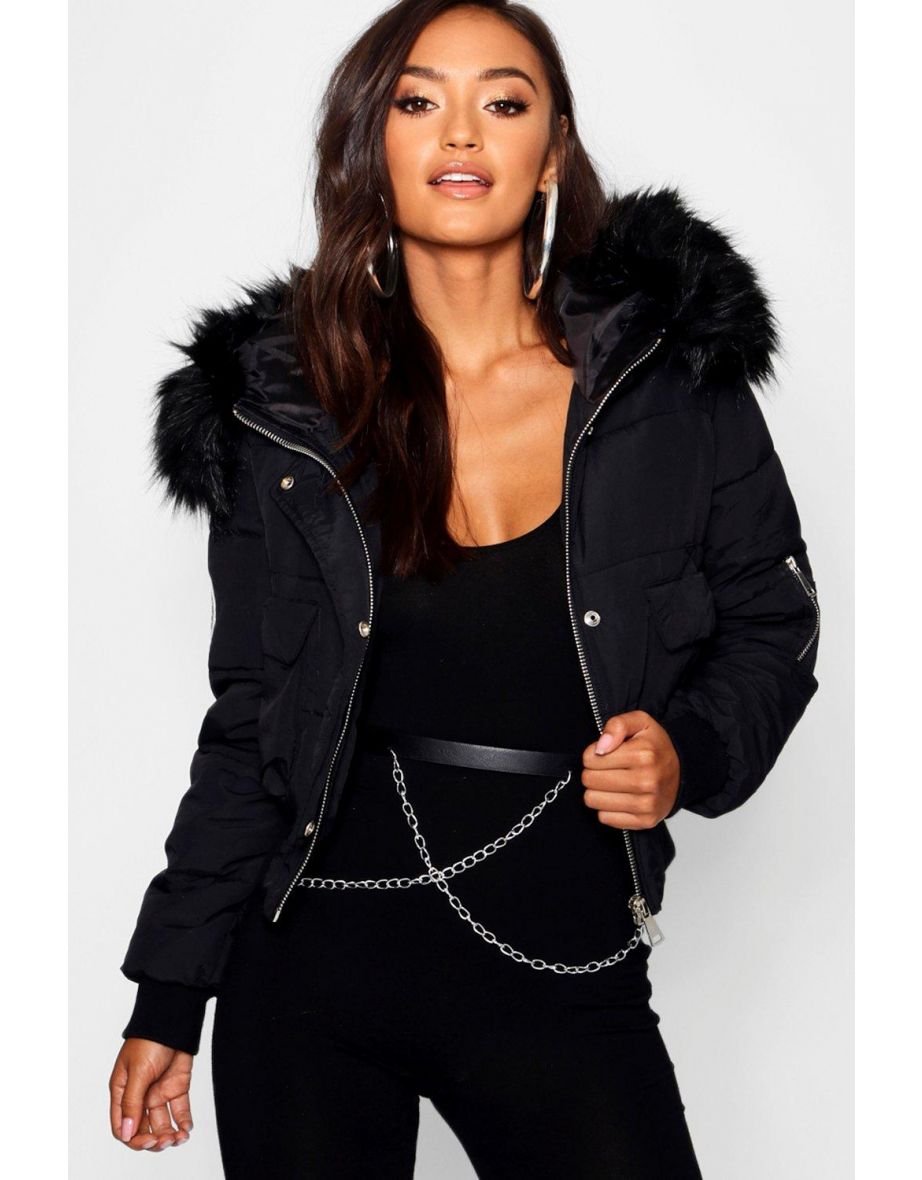Petite Luxe Faux Fur Hood Sporty Cropped Coat - black
