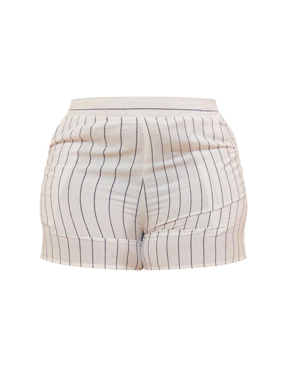 Plus White Linen Look Striped Tailored Floaty Shorts - 5