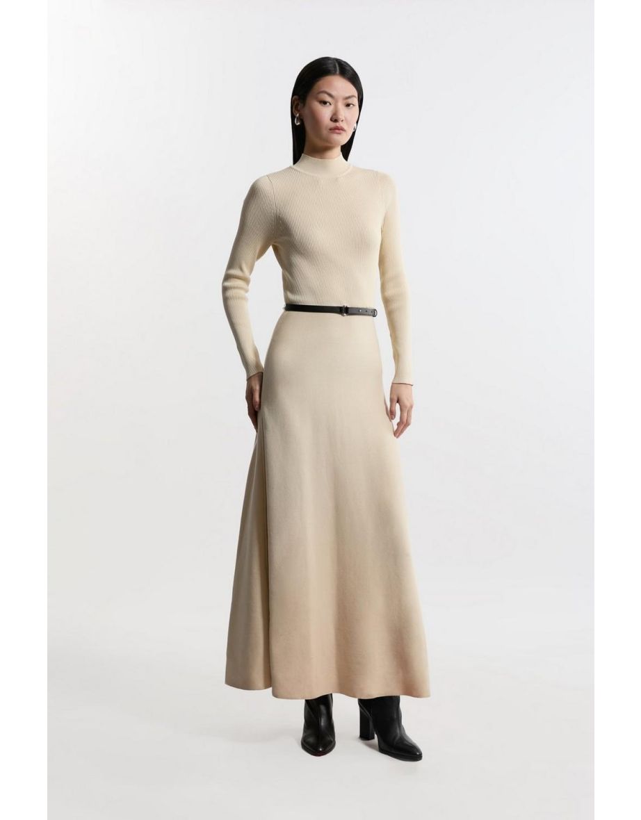 Viscose Blend Rib Knit Belted Midi Dress