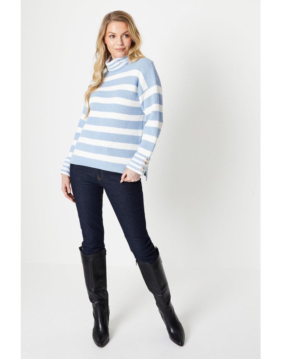 Roll Neck Stripe Jumper With Military Button Cuff