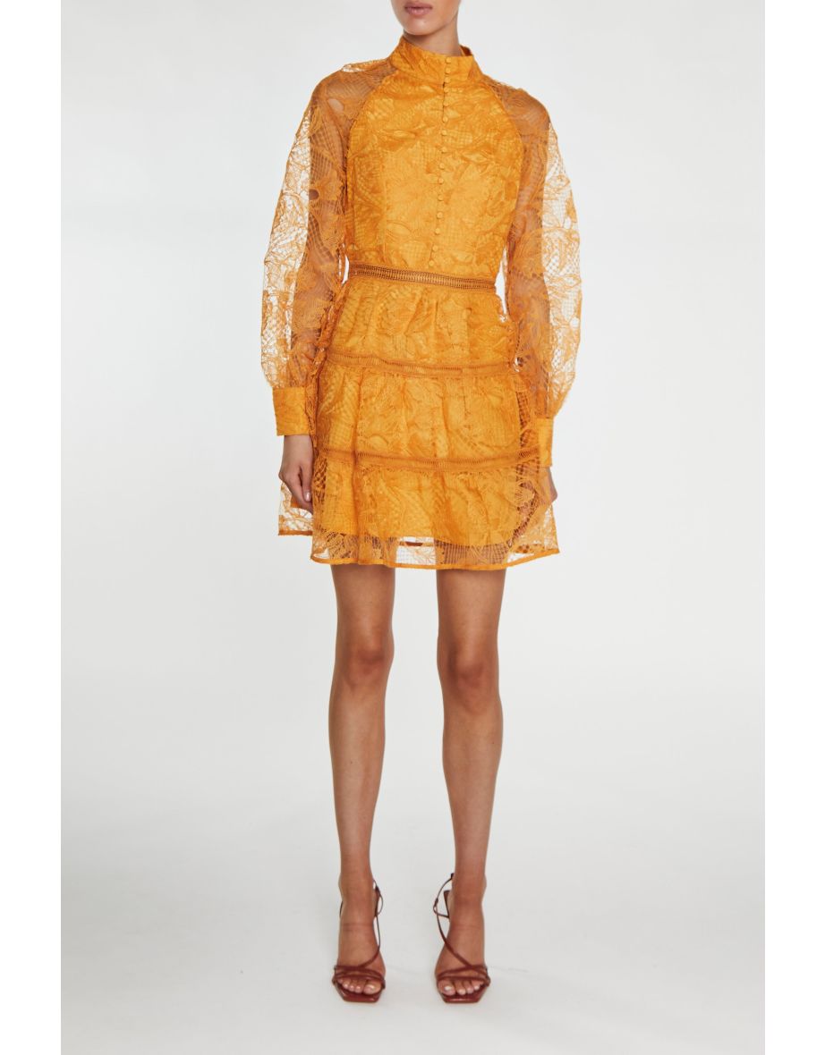 Yellow Floral Embroidered A-Line Mini Party Dress with Ruffles