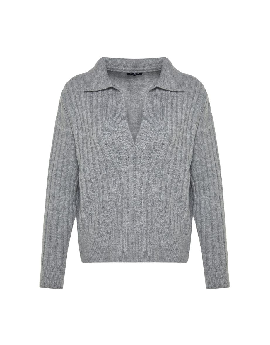 Gray Soft Textured Polo Collar Knitwear Sweater - 7