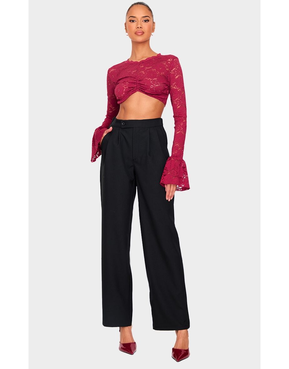 Burgundy Lace Extreme Crop Long Sleeved Top