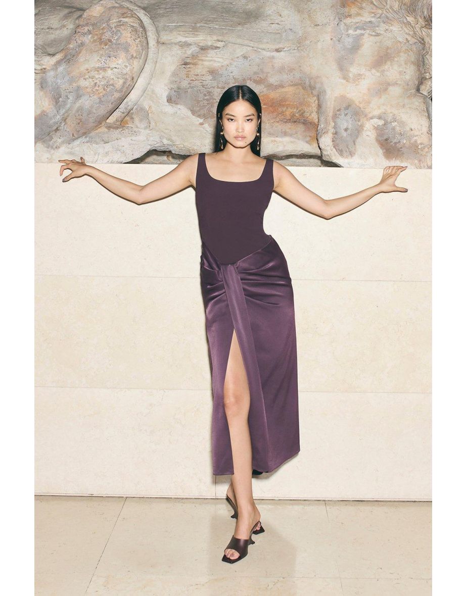 Tailored Satin Waist Drape Corset Maxi Dress