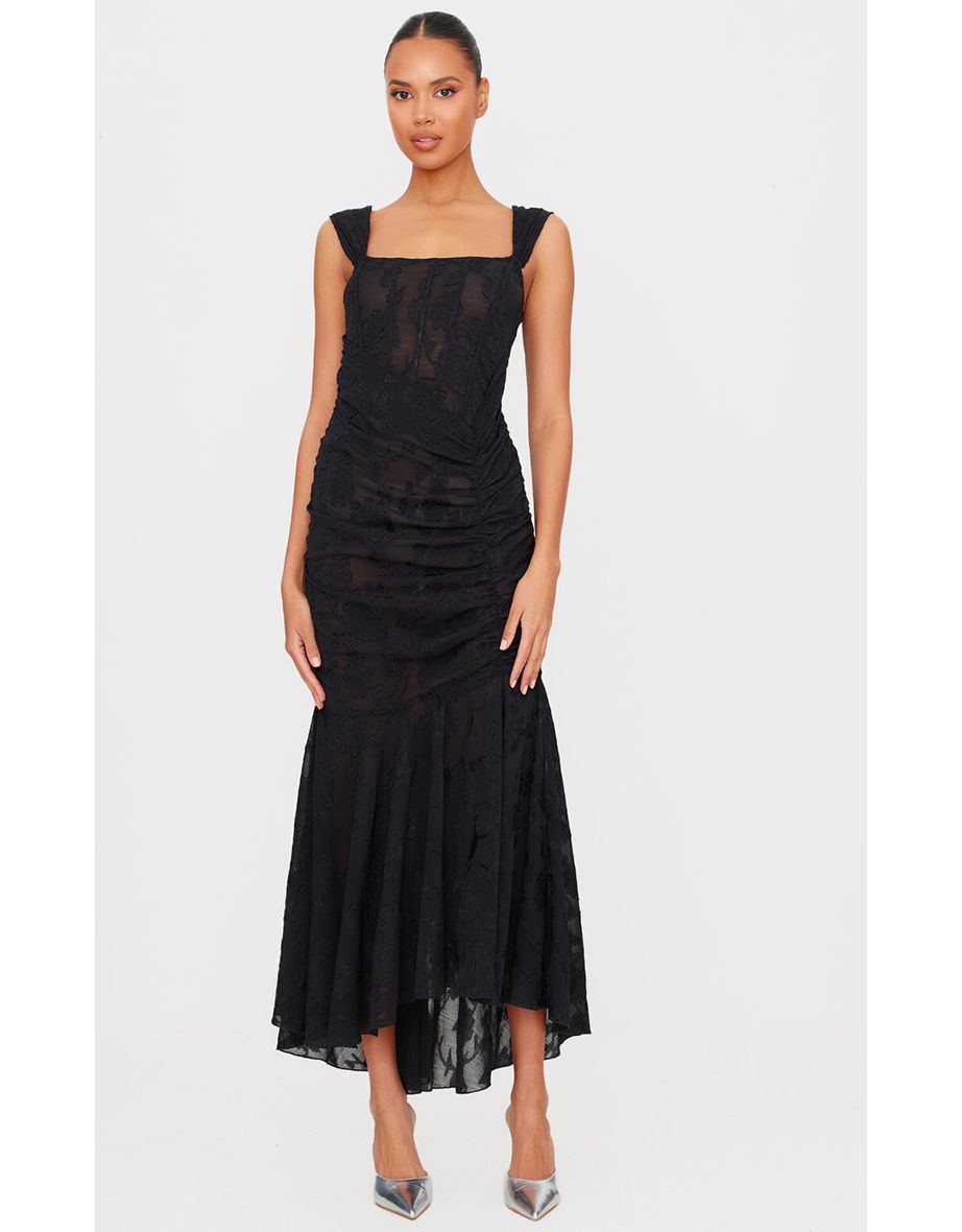 Black Burnout Side Ruched Maxi Dress
