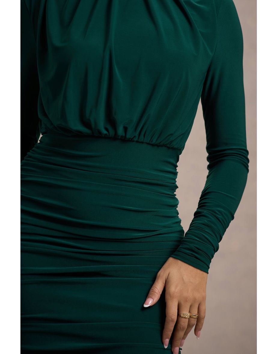 Dasha | Bottle Green Ruched High-Neck Long-Sleeve Midi Dress - 6