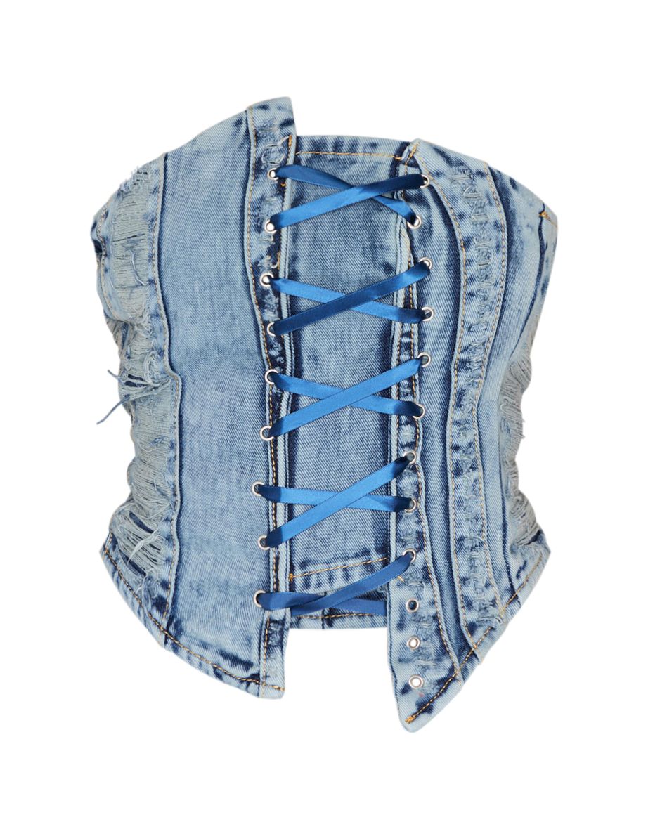 Shape Light Blue Wash Denim Bandeau Distressed Lace Up Detail Corset - 4