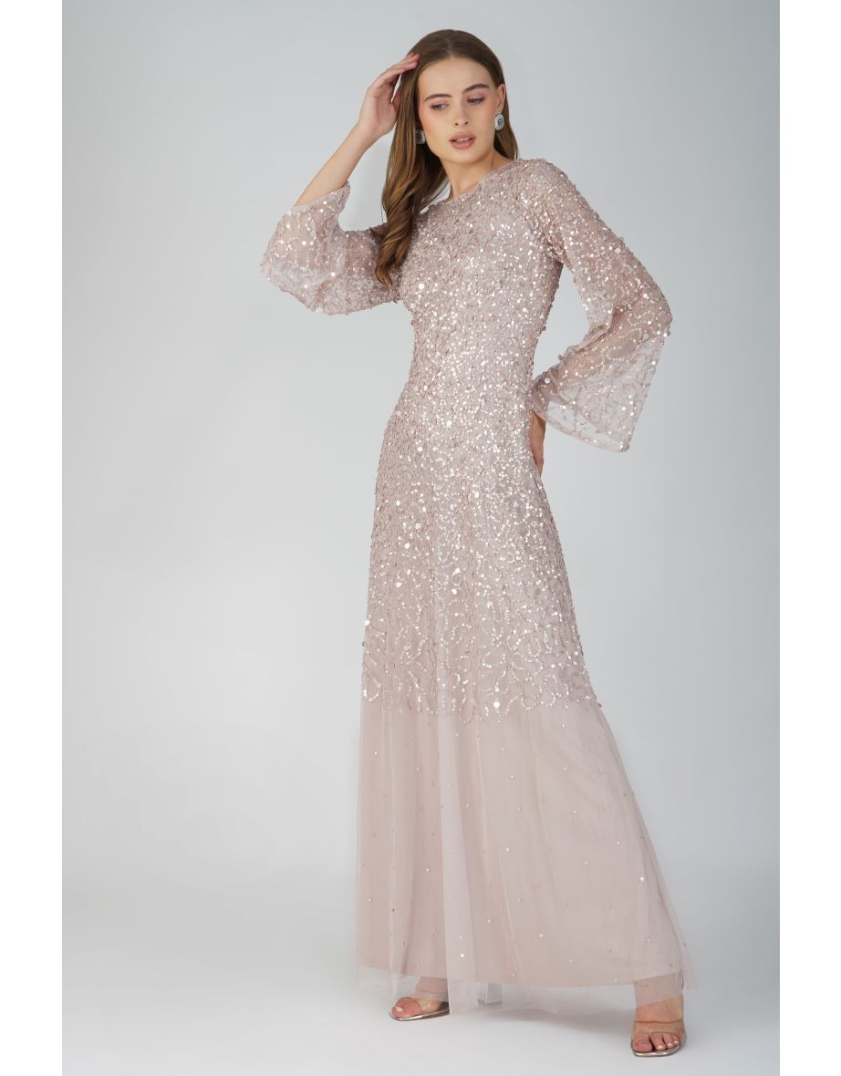 Diane Long Sleeve Embellished Maxi Dress in Mink - 4