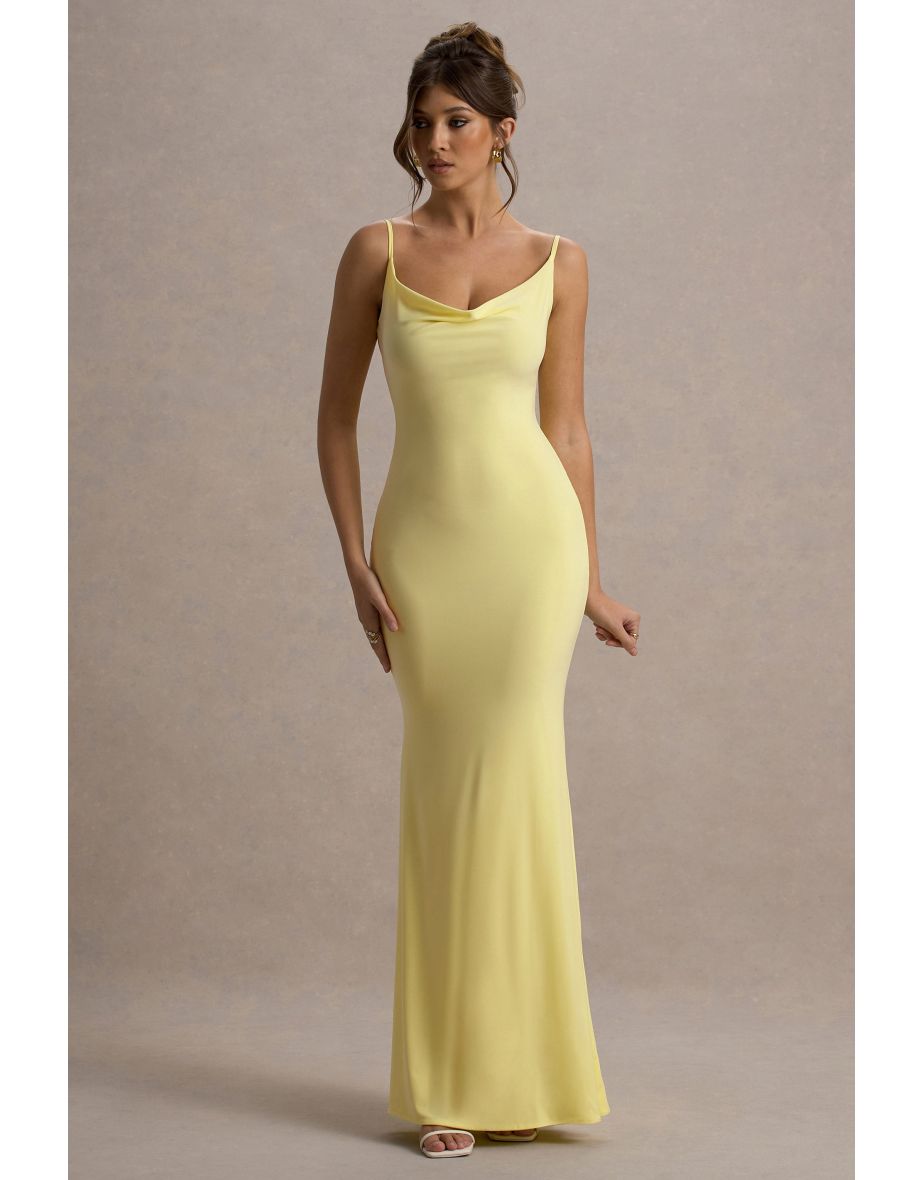 Francoise | Lemon Cowl Neck Backless Maxi Dress With Lace Insert