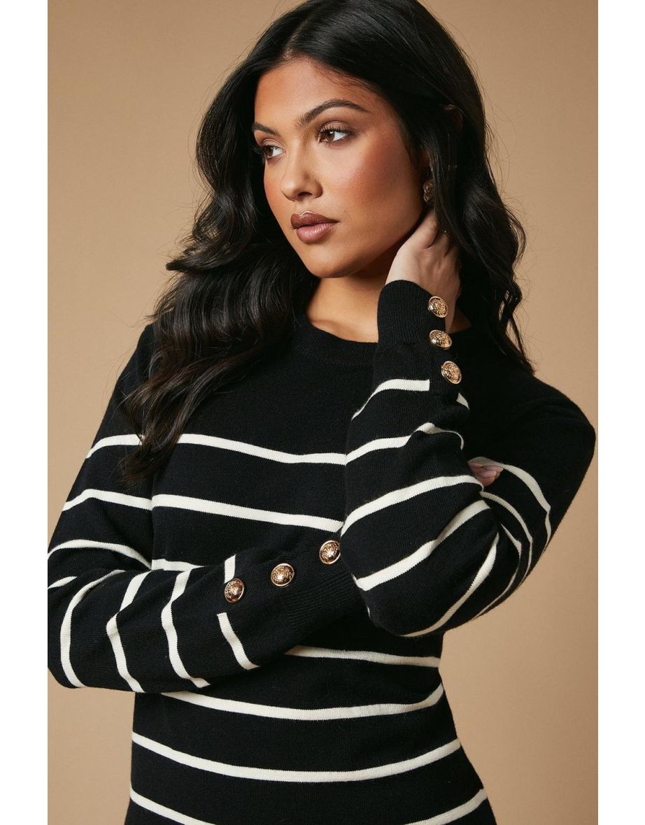 Striped Button Cuff Knitted Mini Dress - 3