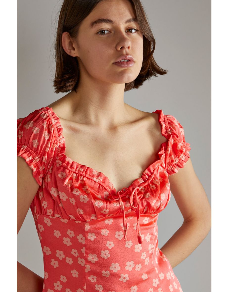 Coral-Pink Daisy Milkmaid Mini-Dress - 3