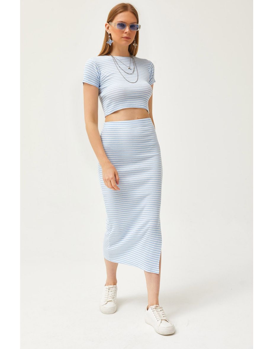 Women's Striped Baby Blue Short Sleeve Slit Skirt Lycra Suit