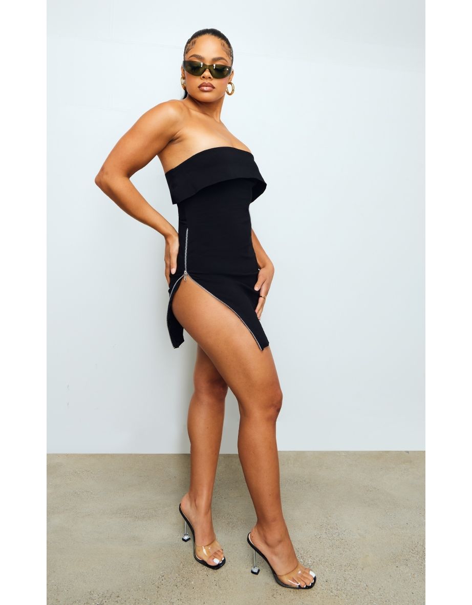 Black Bandeau Fold Over Zip Detail Bodycon Dress
