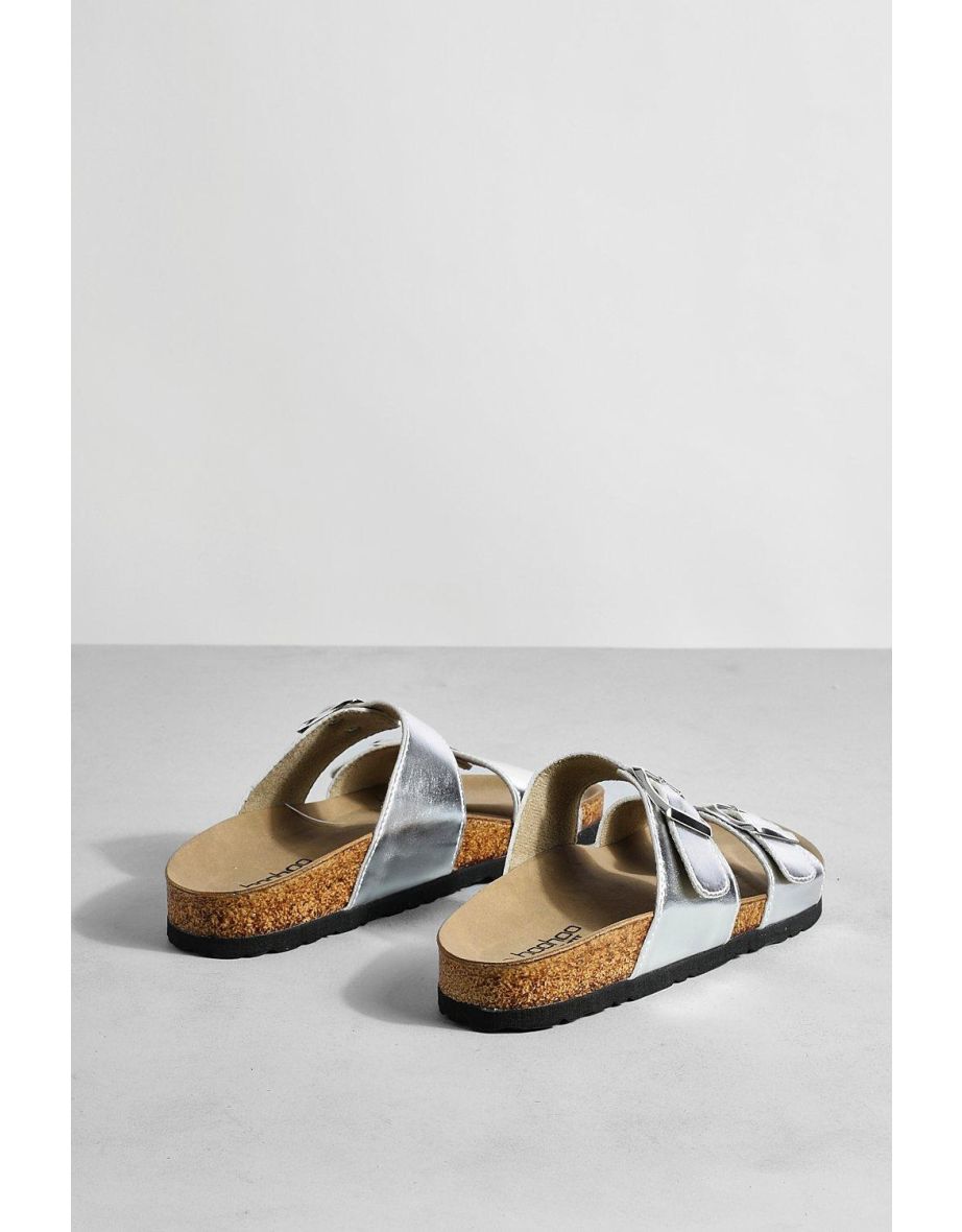 Wide Fit Metallic Buckle Strap Footbed Sliders - silver - 3