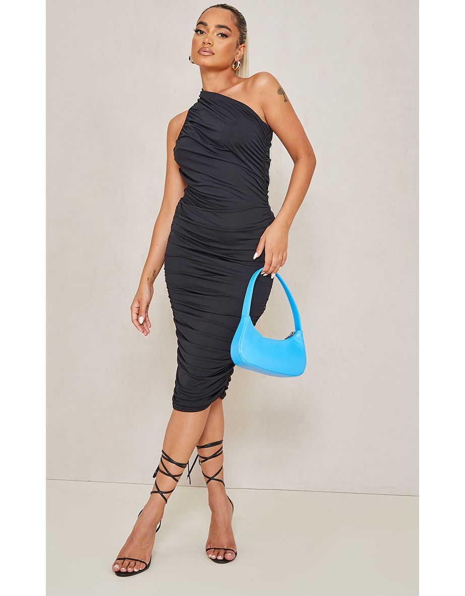 Shop Petite Black Slinky Ruched One Shoulder Longline Midi Dress Online in Bahrain VogaCloset