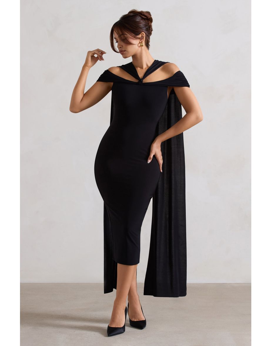 Galia | Black Strappy Midi Dress With Drape - 4