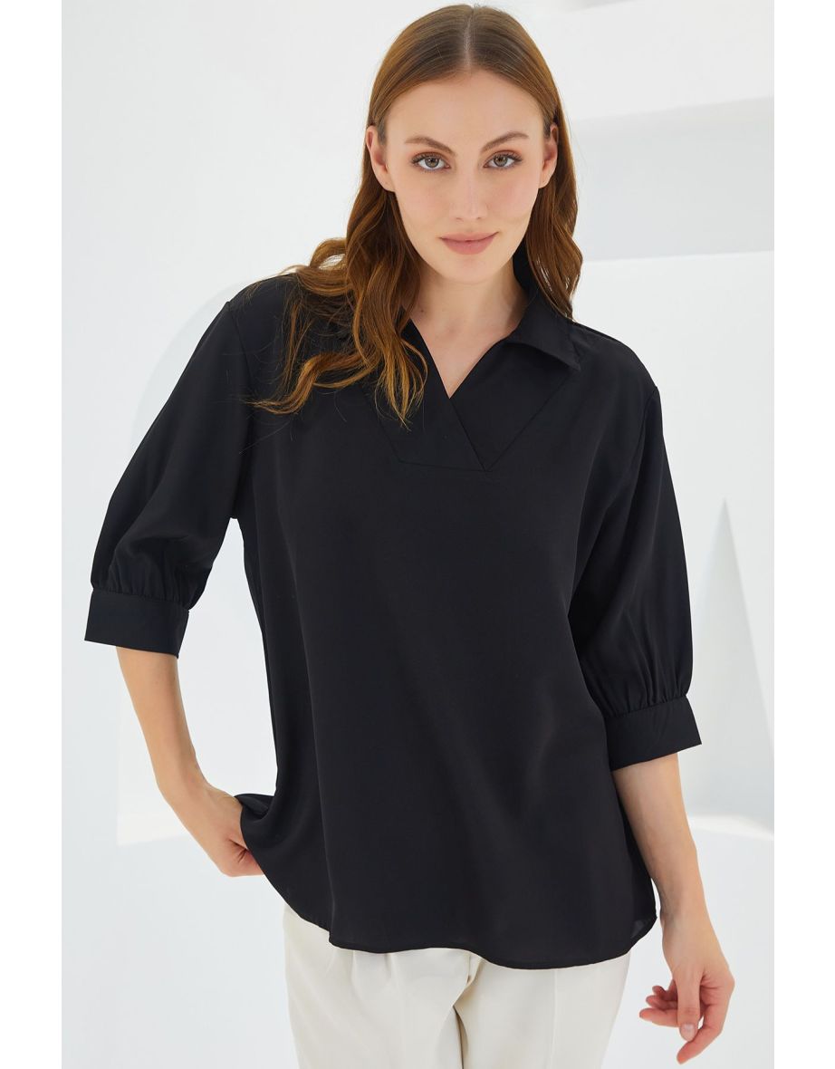 Women's Black Shirt Collar Satin Blouse - 4