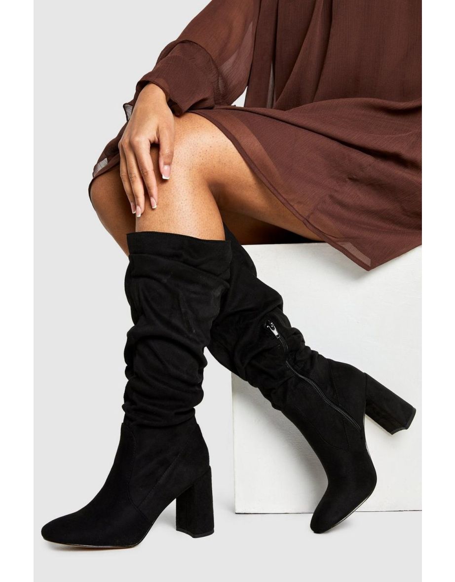 Slouchy Knee High Block Heel Boots - black