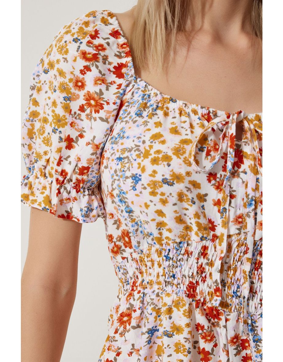 Women's Brick Mustard Carmen Collar Floral Mini Knitted Jumpsuit - 4