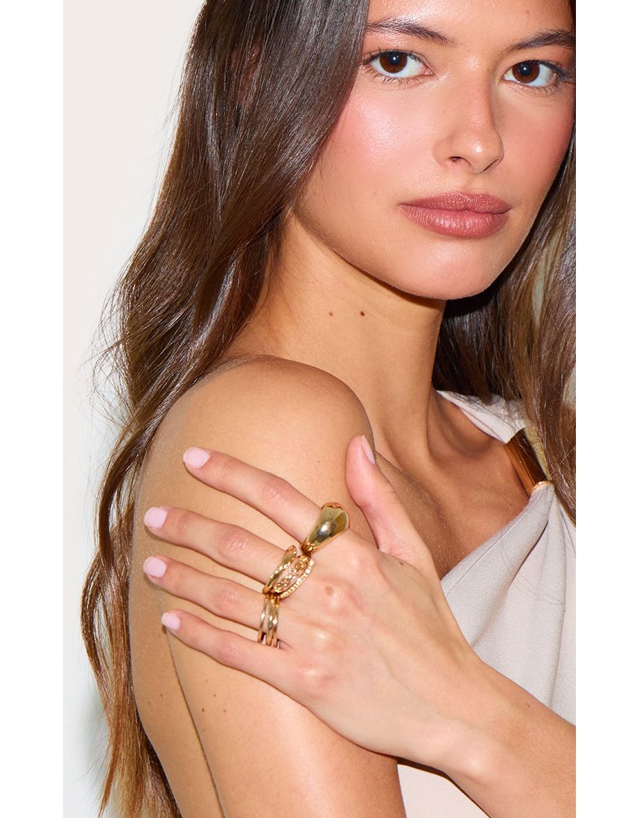 Gold Assorted Diamante Textured Multipack Rings - 2