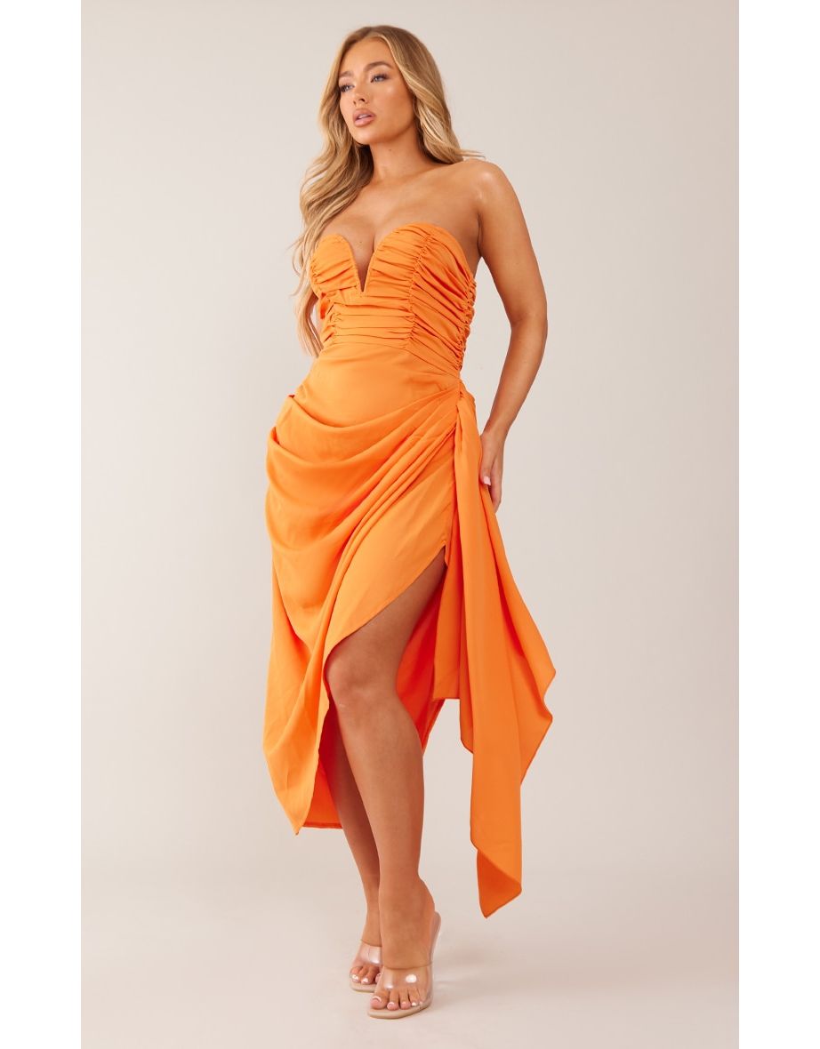 Orange Ruched Plunge Midaxi Dress