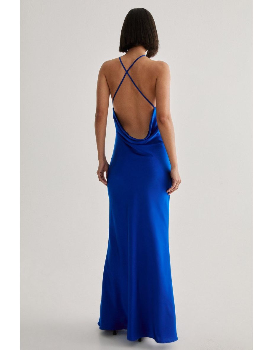 Satin Halter Neck Cowl Back Maxi Dress - 3