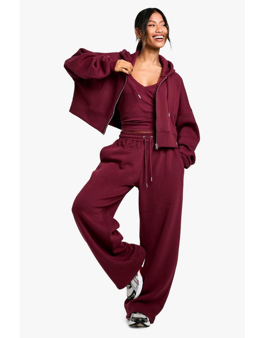 Ribbed V Neck Top 3 Piece Hooded Tracksuit - burgundy - 2