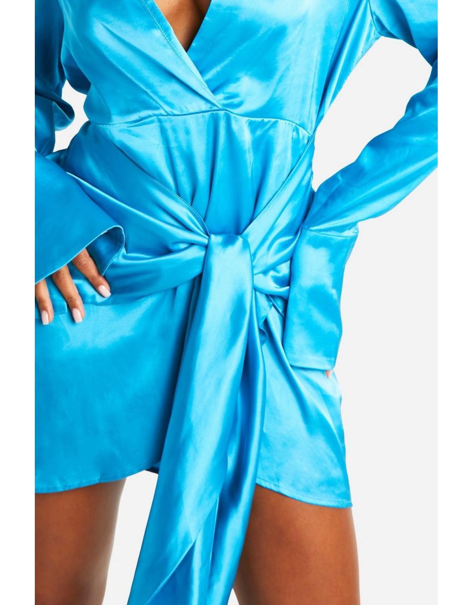 Satin Wrap Skirt Shirt Dress - turquoise - 3