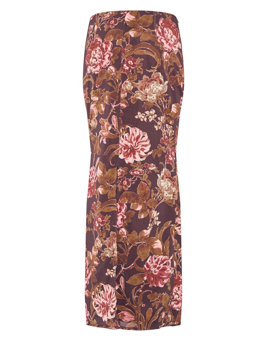 Brown Floral Print Chiffon Maxi Skirt - 4