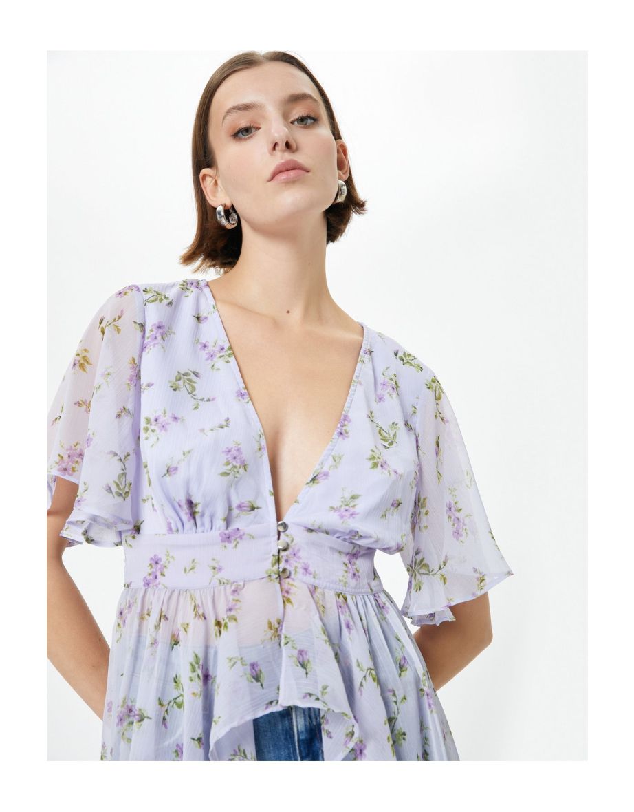 Floral Chiffon Blouse Asymmetric Cut Deep V Neck Buttoned Ruffle