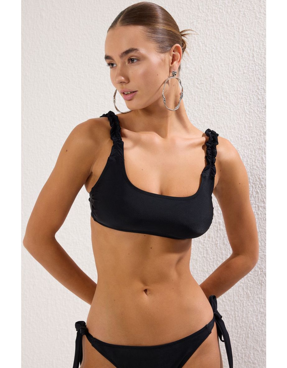 Black U Neck Gathered Bikini Top