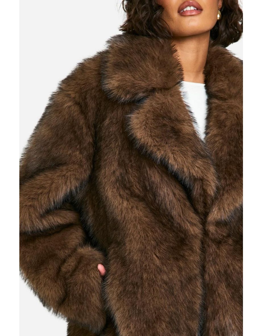Tall Longline Vintage Look Faux Fur Coat - chocolate - 3