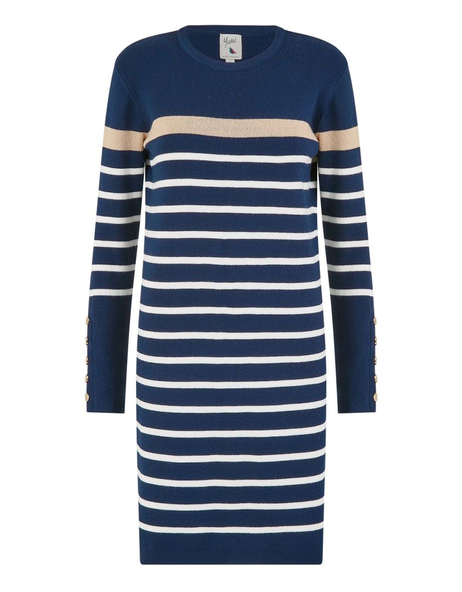 Yumi Navy Striped Knitted Dress With Button Cuff Detail - 5