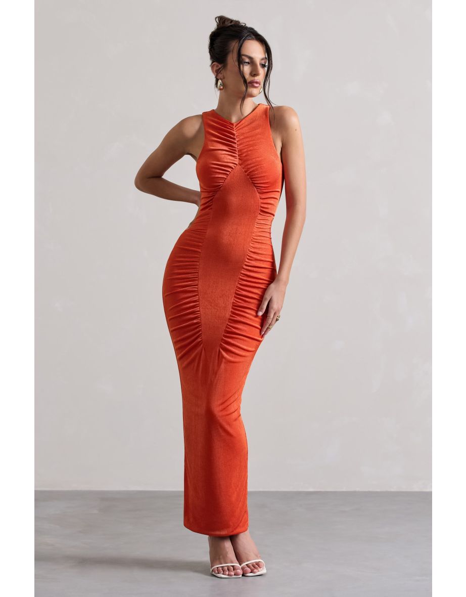 Bombshell | Orange High Neck Diamond Ruched Maxi Dress