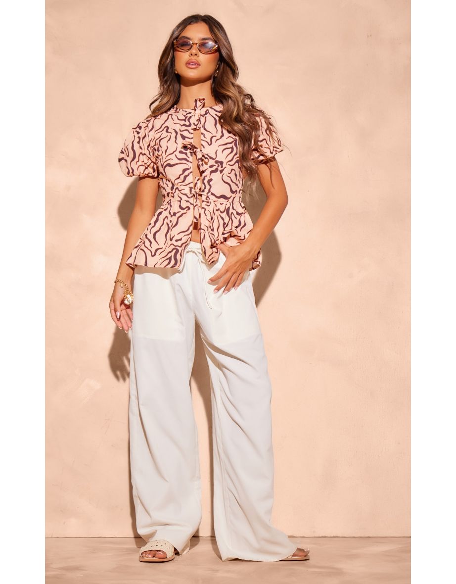 Beige Zebra Print Puff Sleeve Bow Tie Top