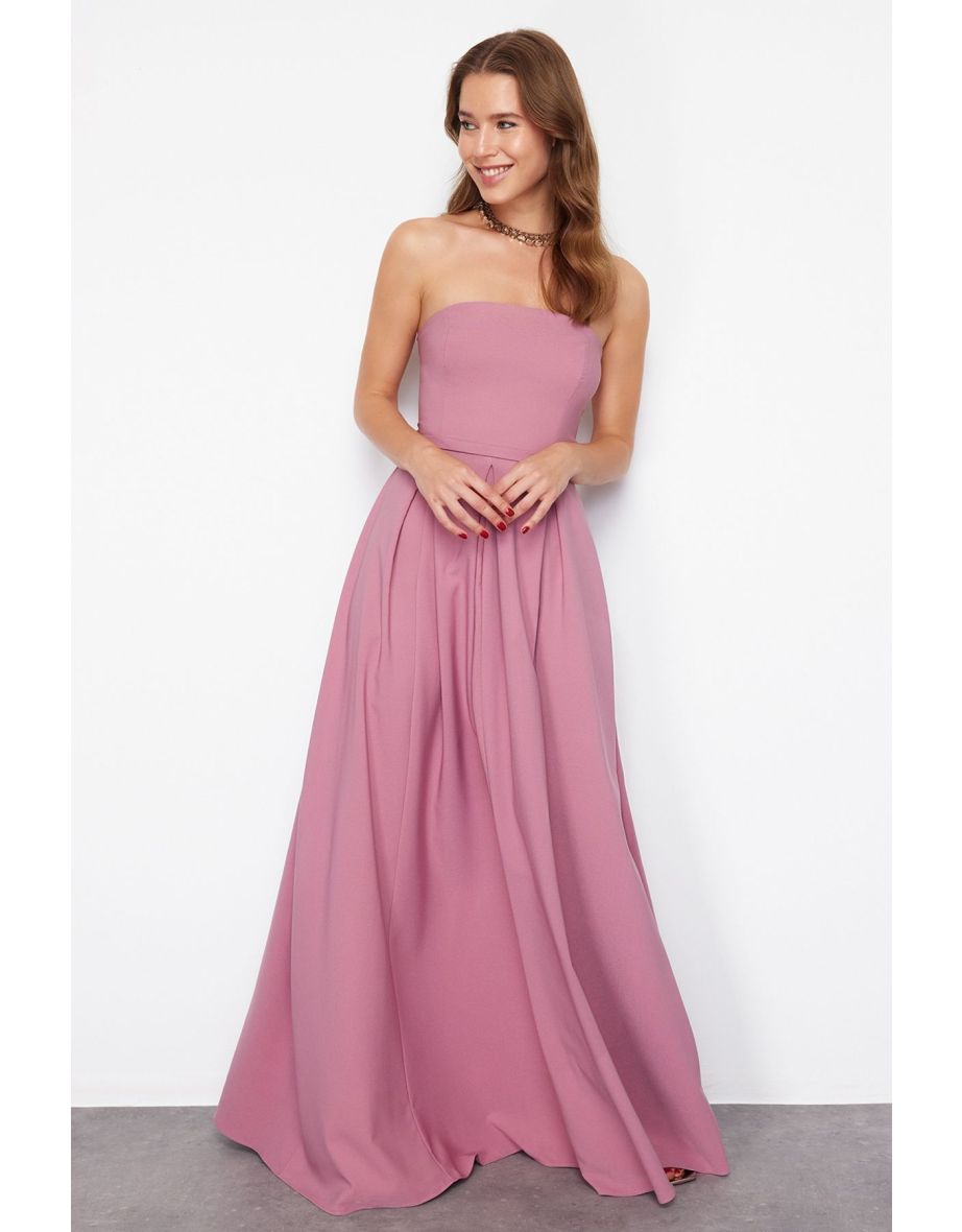 Dusty Rose Strapless Woven Long Evening Dress