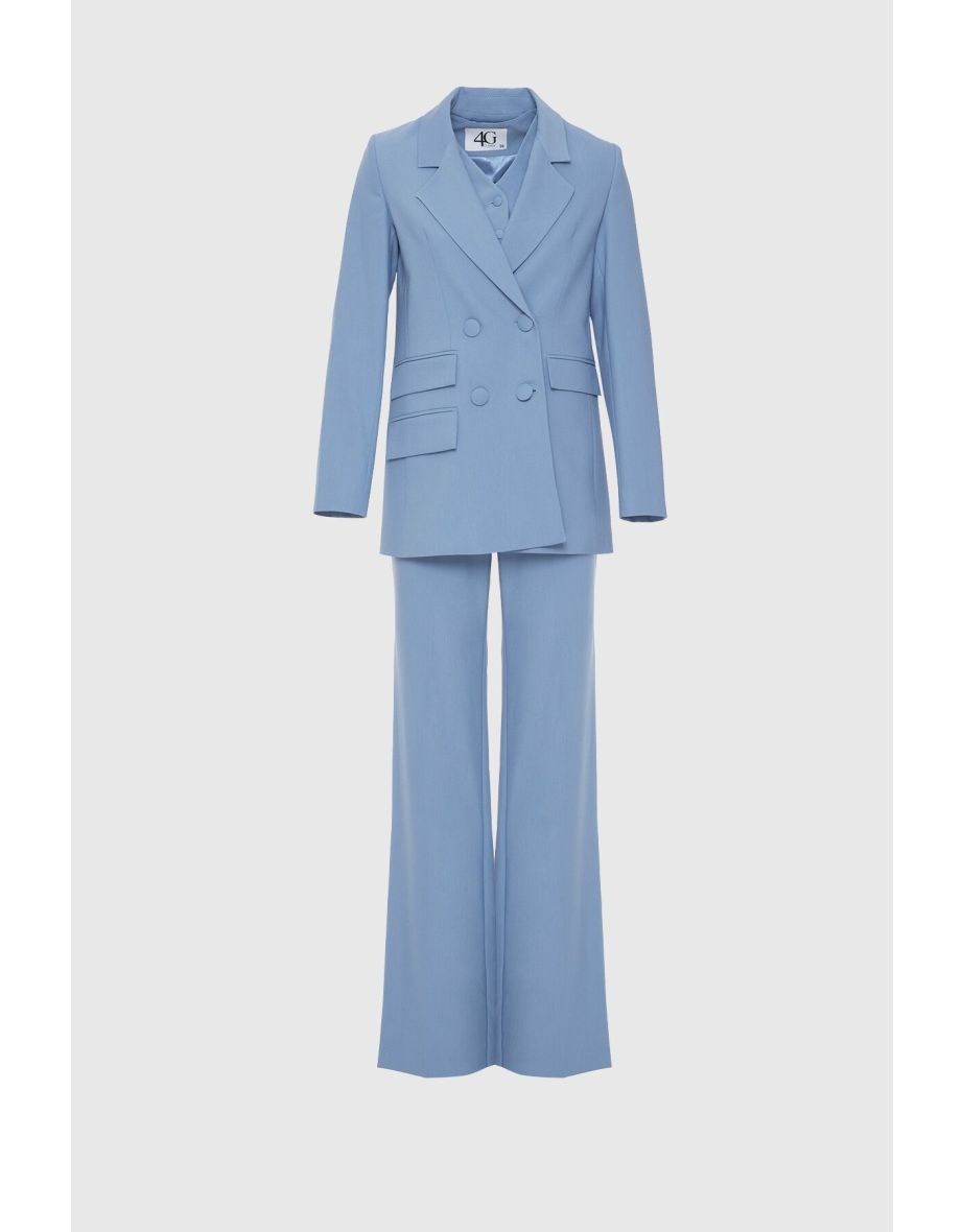 Comfortable Cut Palazzo Trousers and Vest 3-Piece Blue Suit