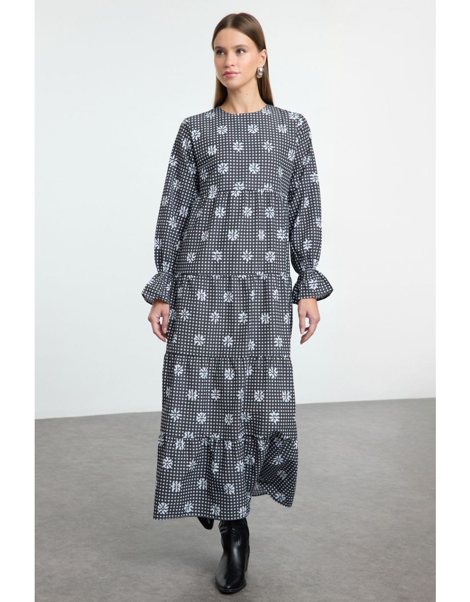 Black Lined Floral Woven Terrycotton Dress
