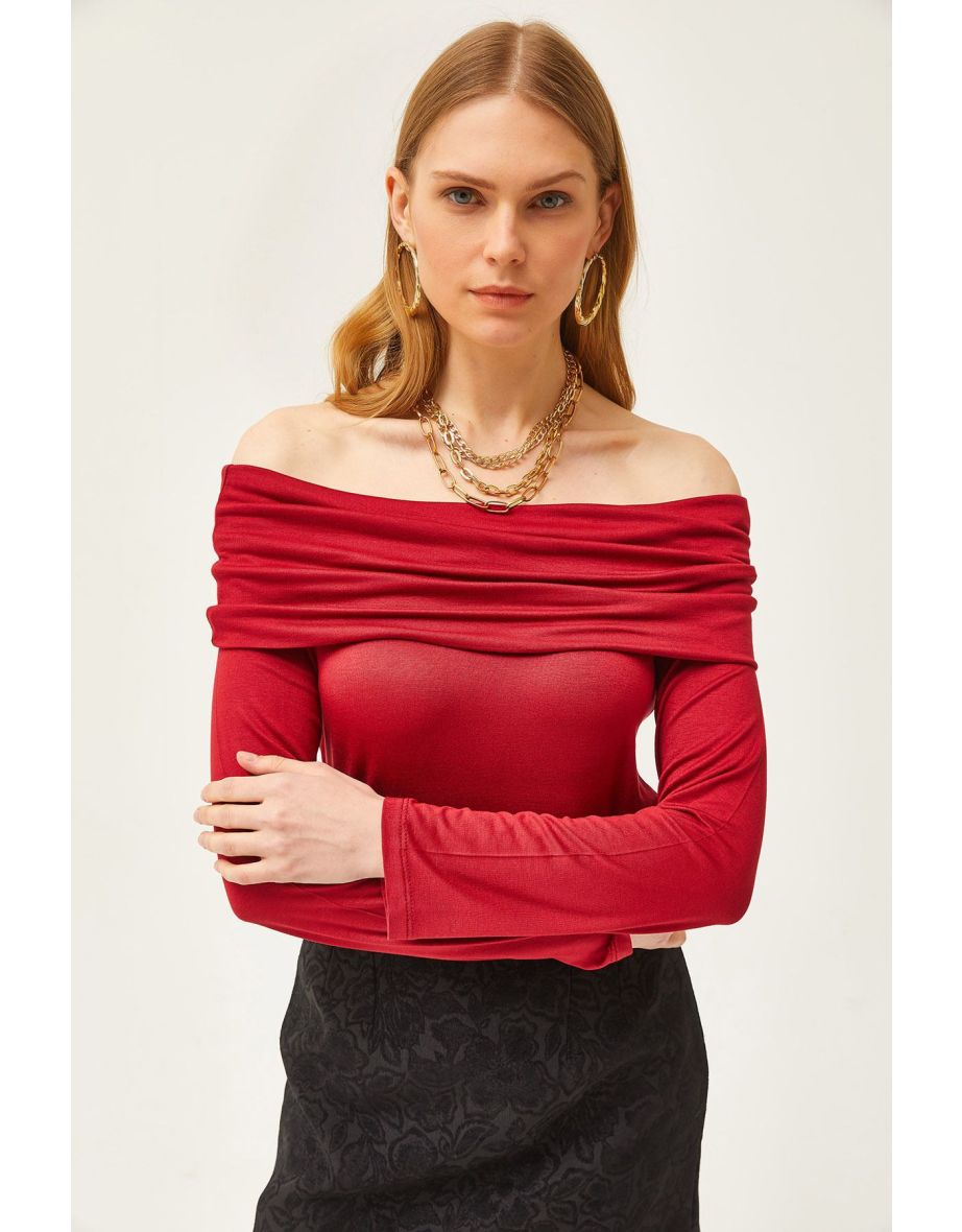 Women's Burgundy Madonna Collar Knitted Viscose top - 4