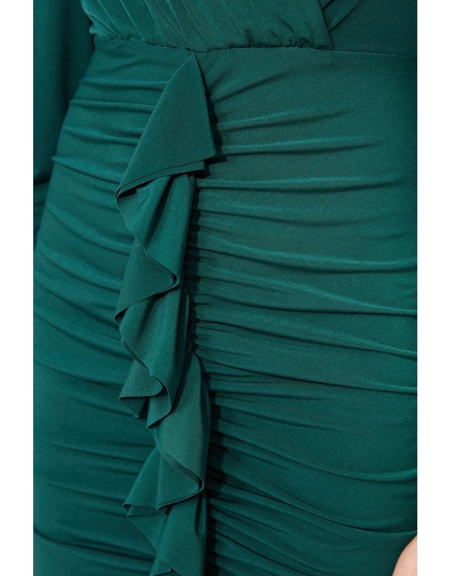 Green Satin Bodycon Mini Dress with Long Sleeves - 7