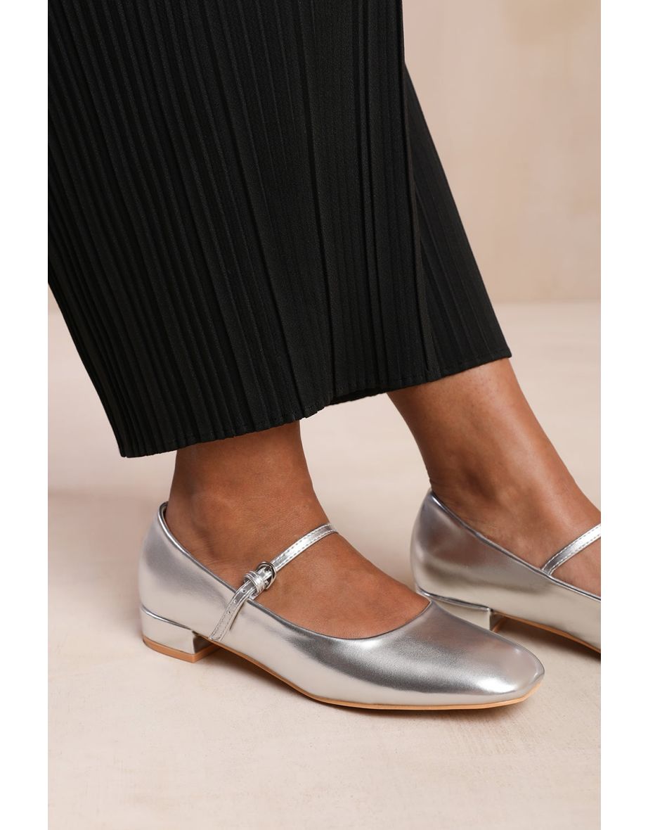MINSK WIDE FIT LOW HEEL WITH STRAP AND BUCKLE DETAIL IN SILVER FAUX LEATHER - 3
