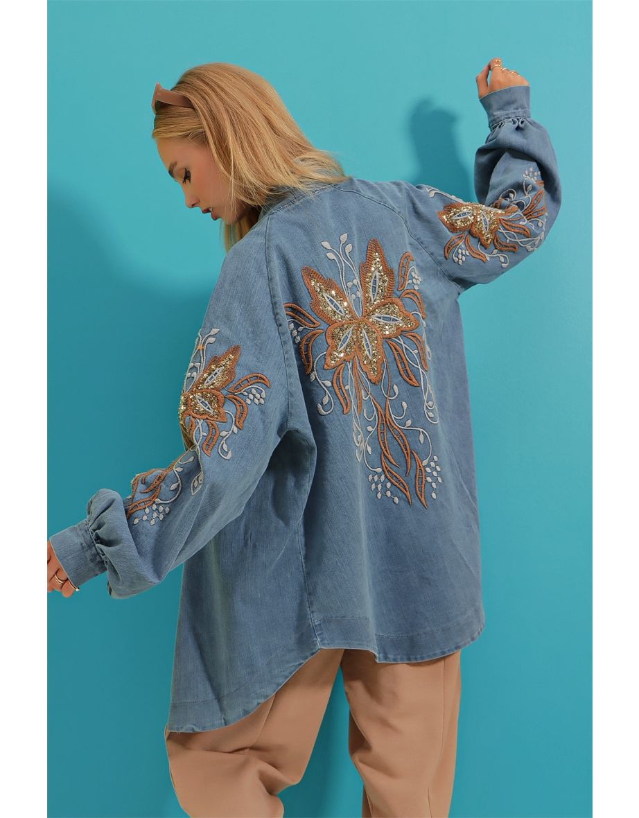 Women's Blue Shawl Collar Back And Sleeves Embroidered Embroidered Denim Jacket