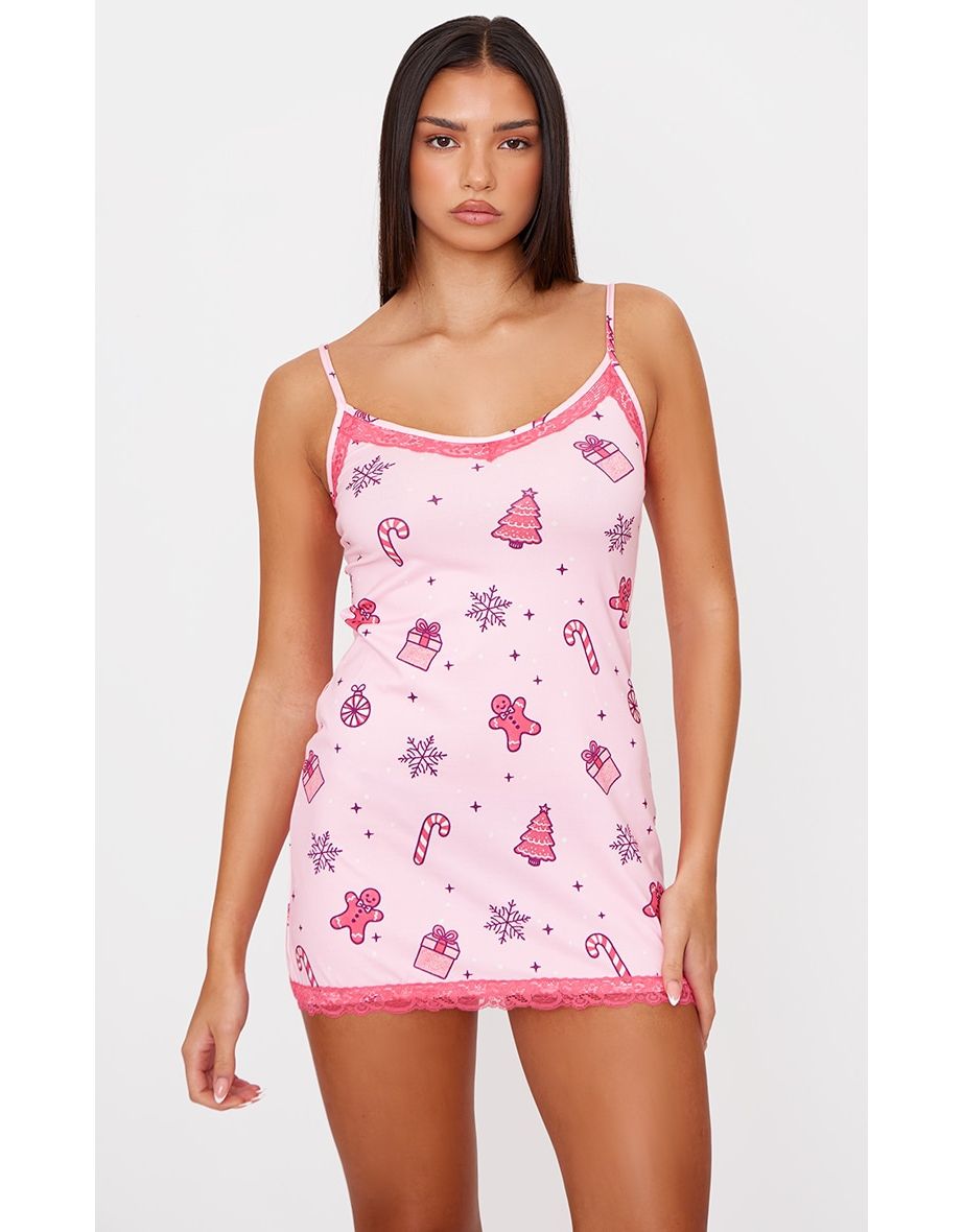 Shop Pink Gingerbread Print Lace Trim Cami Nightie Online in Qatar VogaCloset